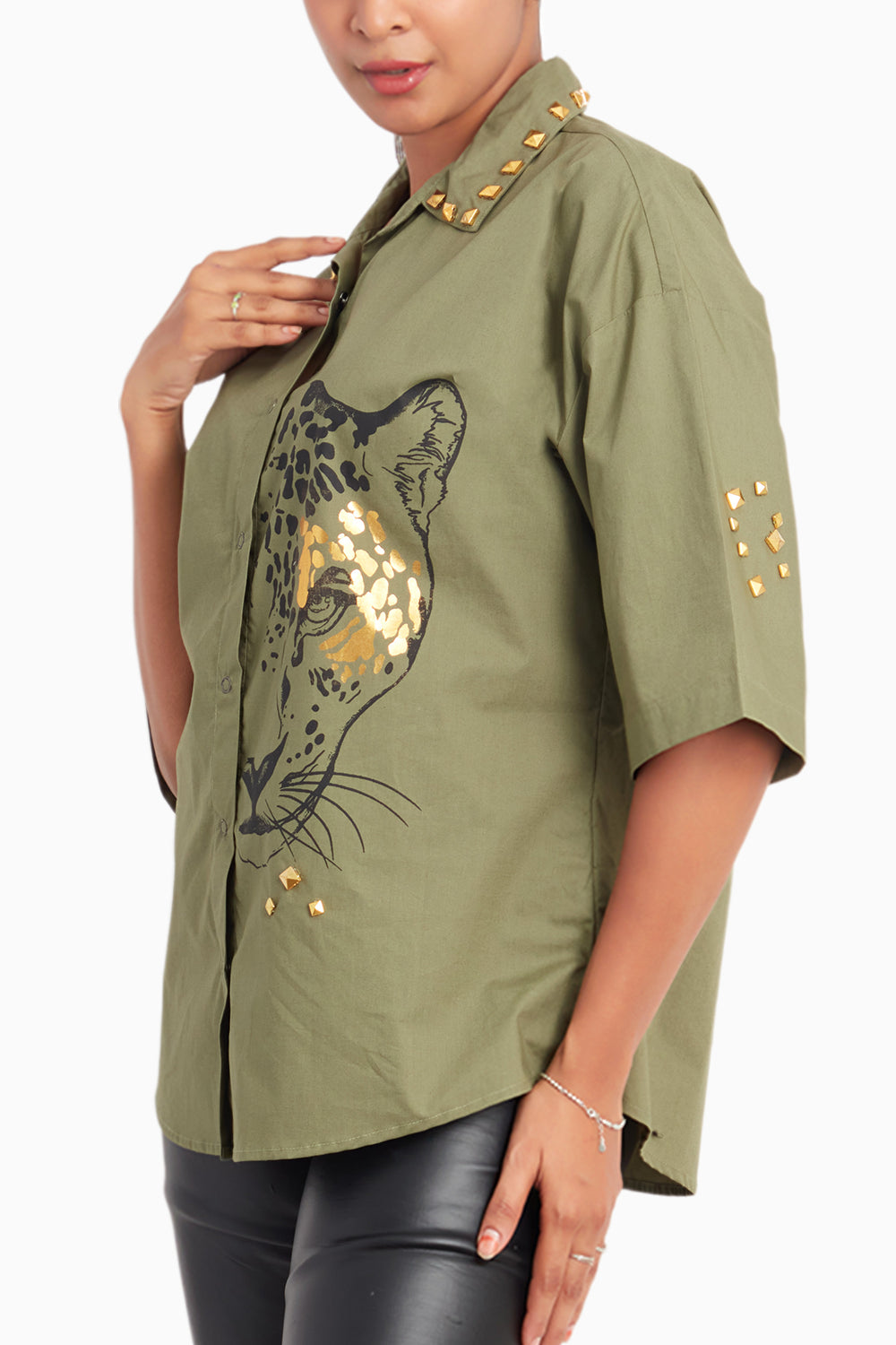 Olive Shirt With Foil Print And Studs