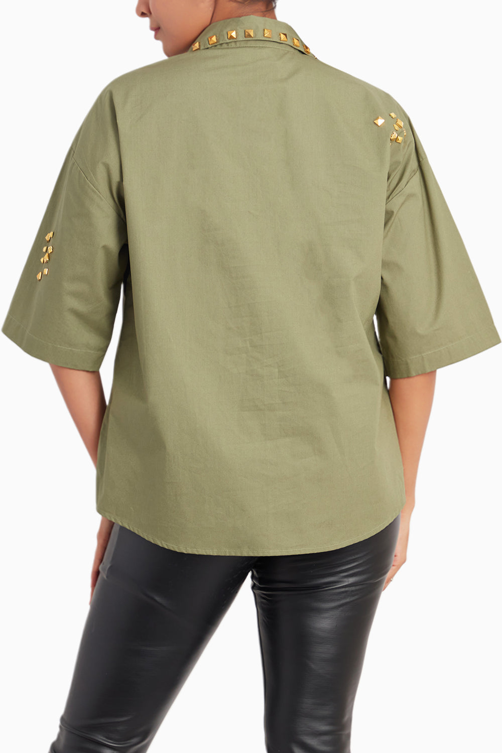 Olive Shirt With Foil Print And Studs