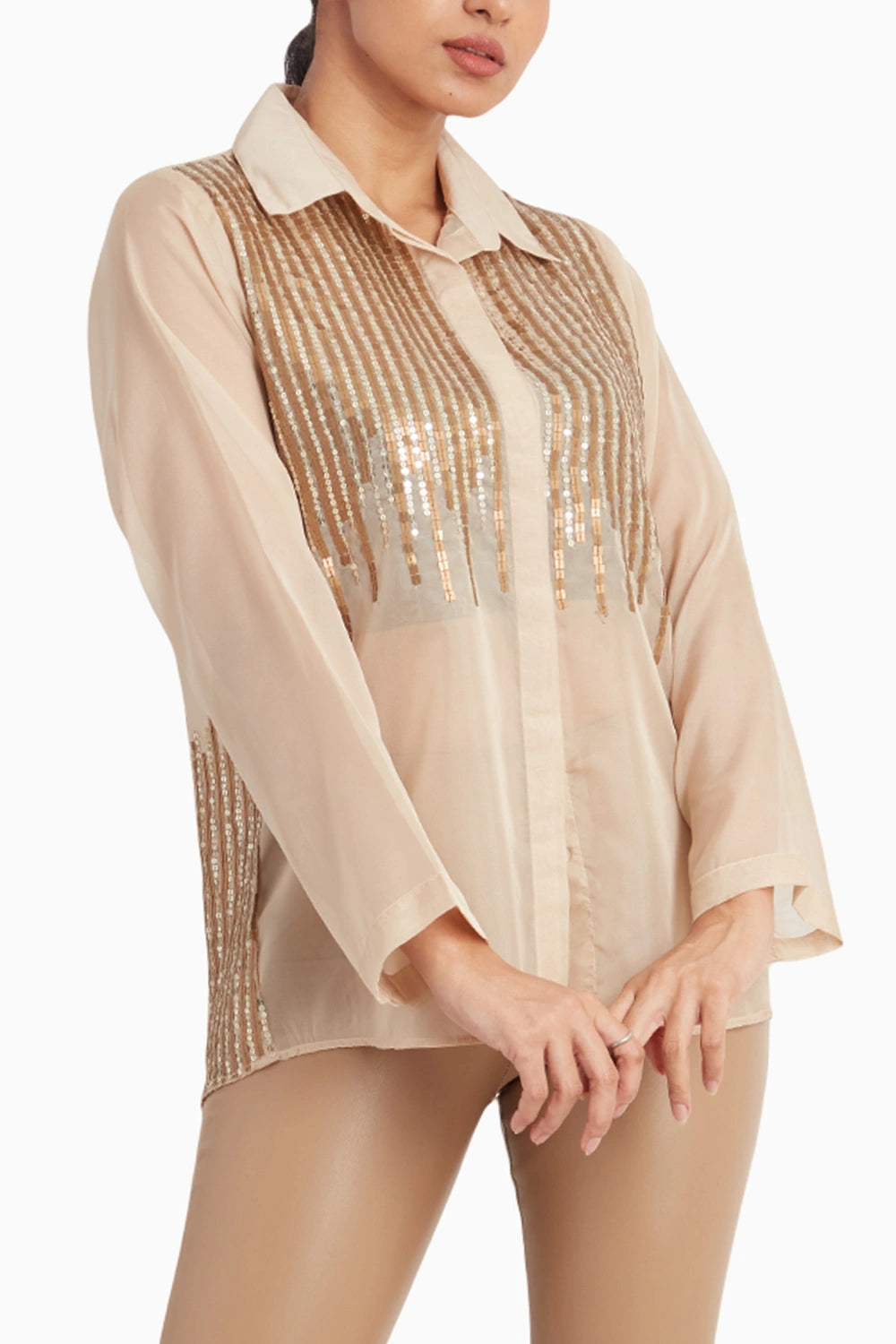 Beige Organza Shirt with Sequins Stripes On Front and Back