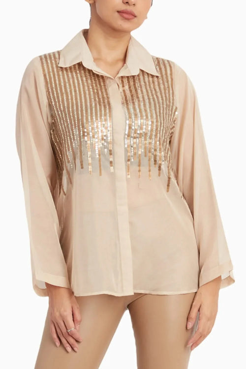 Beige Organza Shirt with Sequins Stripes On Front and Back