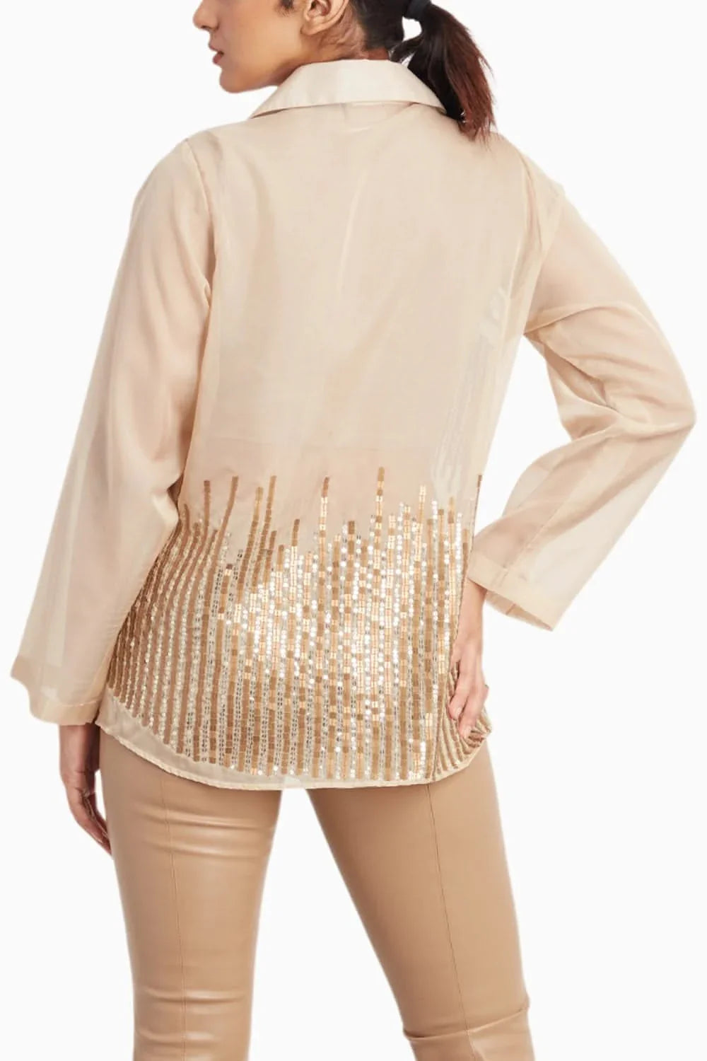 Beige Organza Shirt with Sequins Stripes On Front and Back