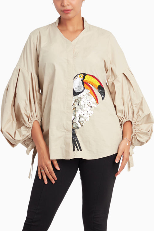 Beige Cotton Shirt With Balloon Sleeves