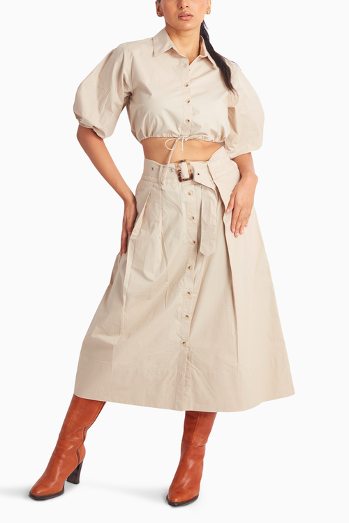Beige Crop Drawstring Shirt and Midi Skirt with Belt