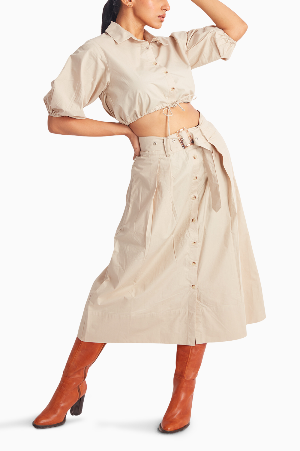 Beige Crop Drawstring Shirt and Midi Skirt with Belt