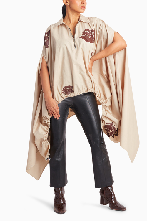 Beige Drawstring Cape with Brown Rose Cut Work Applique