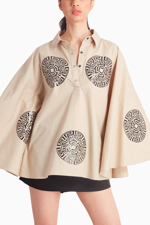 Beige Circular Cape with Black Cutwork Applique
