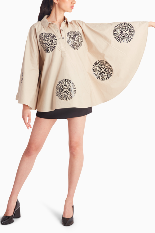 Beige Circular Cape with Black Cutwork Applique