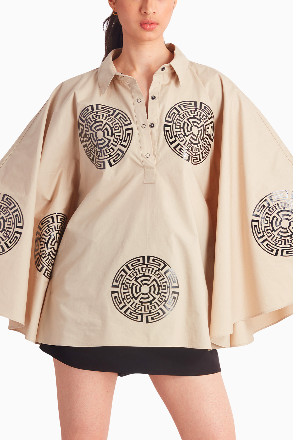 Beige Circular Cape with Black Cutwork Applique