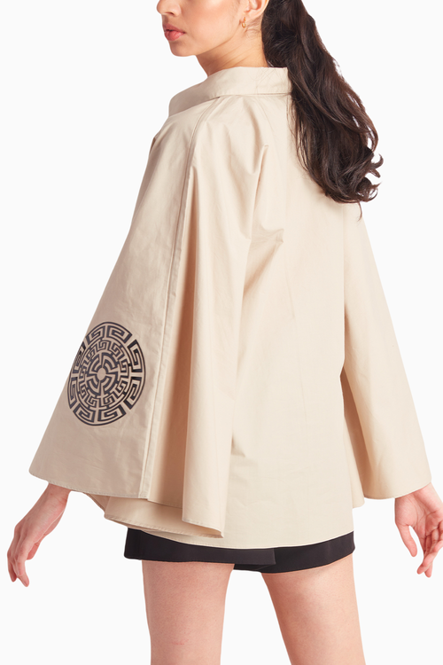 Beige Circular Cape with Black Cutwork Applique