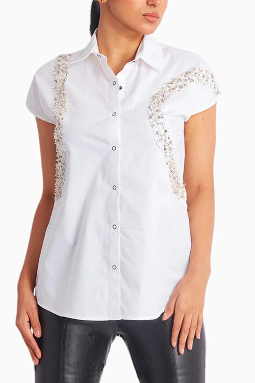 White Shirt with Meghya Sleeves and Silver Embroidered Curved Strips