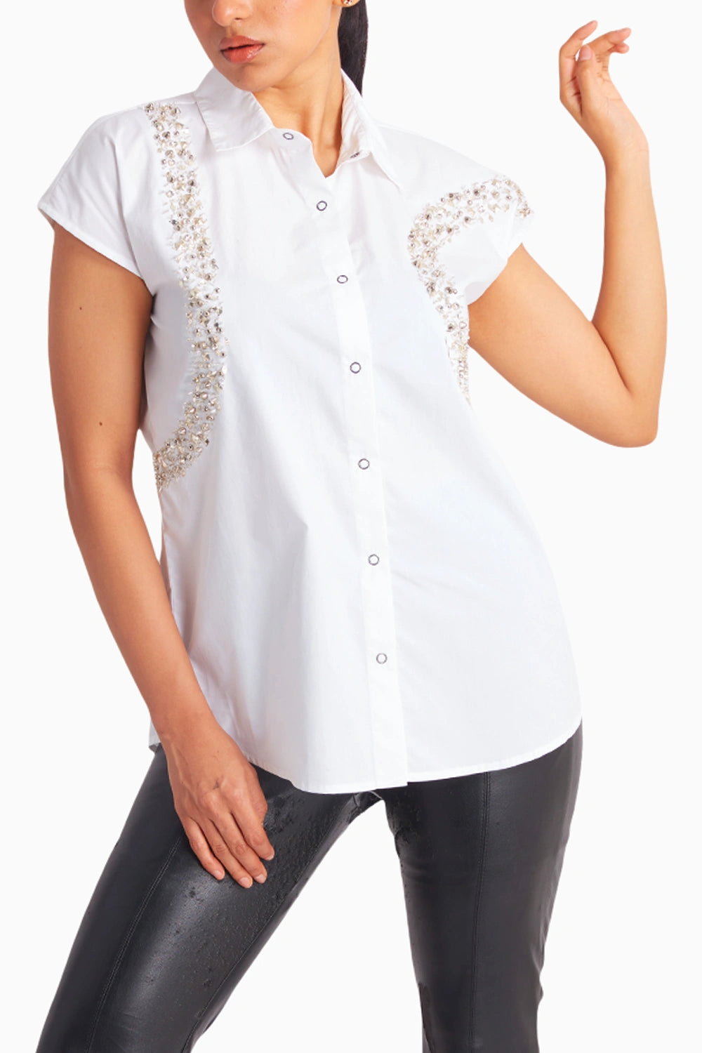 White Shirt with Meghya Sleeves and Silver Embroidered Curved Strips