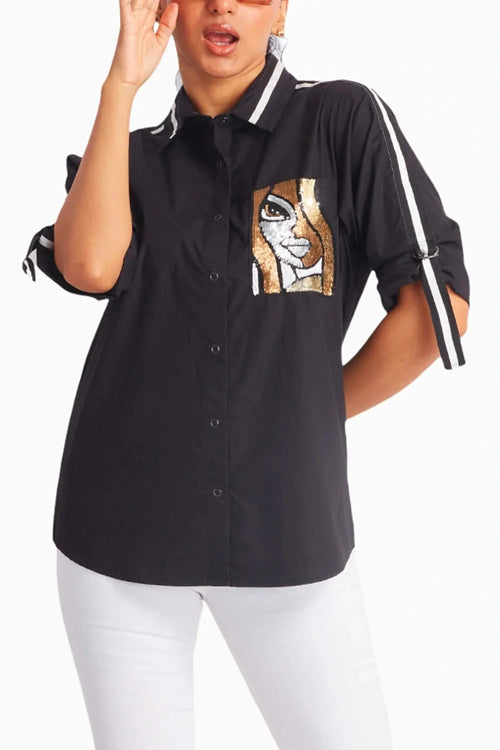 Black Shirt with Golden Sequin Face Pocket and Tape Details