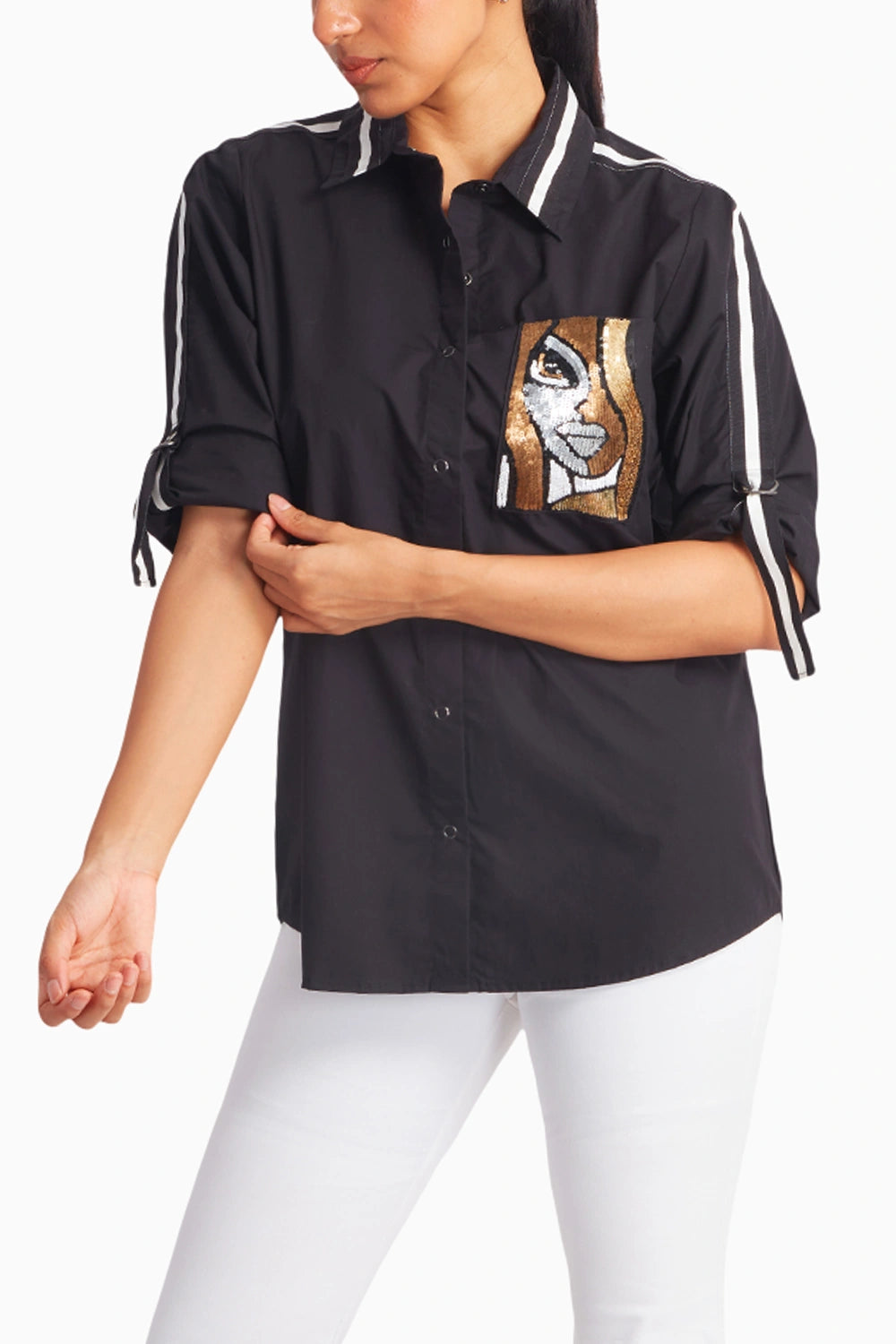 Black Shirt with Golden Sequin Face Pocket and Tape Details