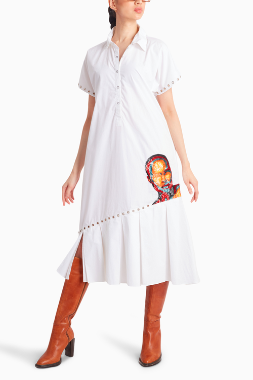 White Long Dress with Abstract Sequin Face Embroidery