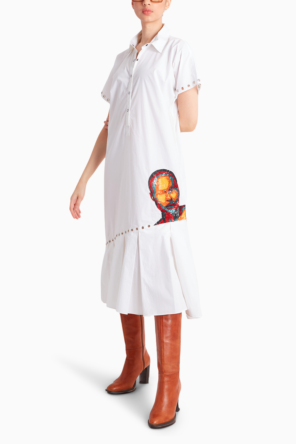 White Long Dress with Abstract Sequin Face Embroidery