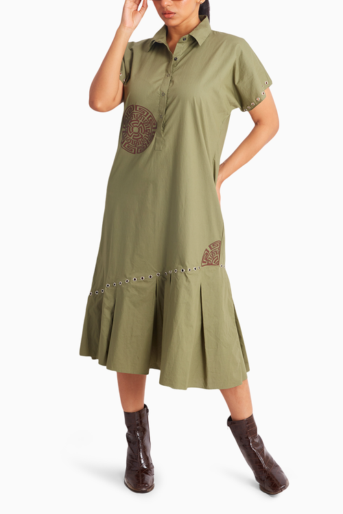 Olive Long Dress with Brown Leather Cutwork Appliqué