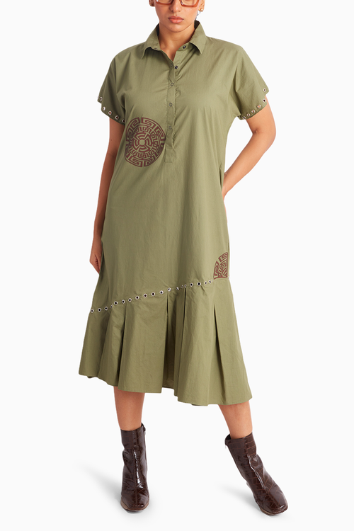 Olive Long Dress with Brown Leather Cutwork Appliqué