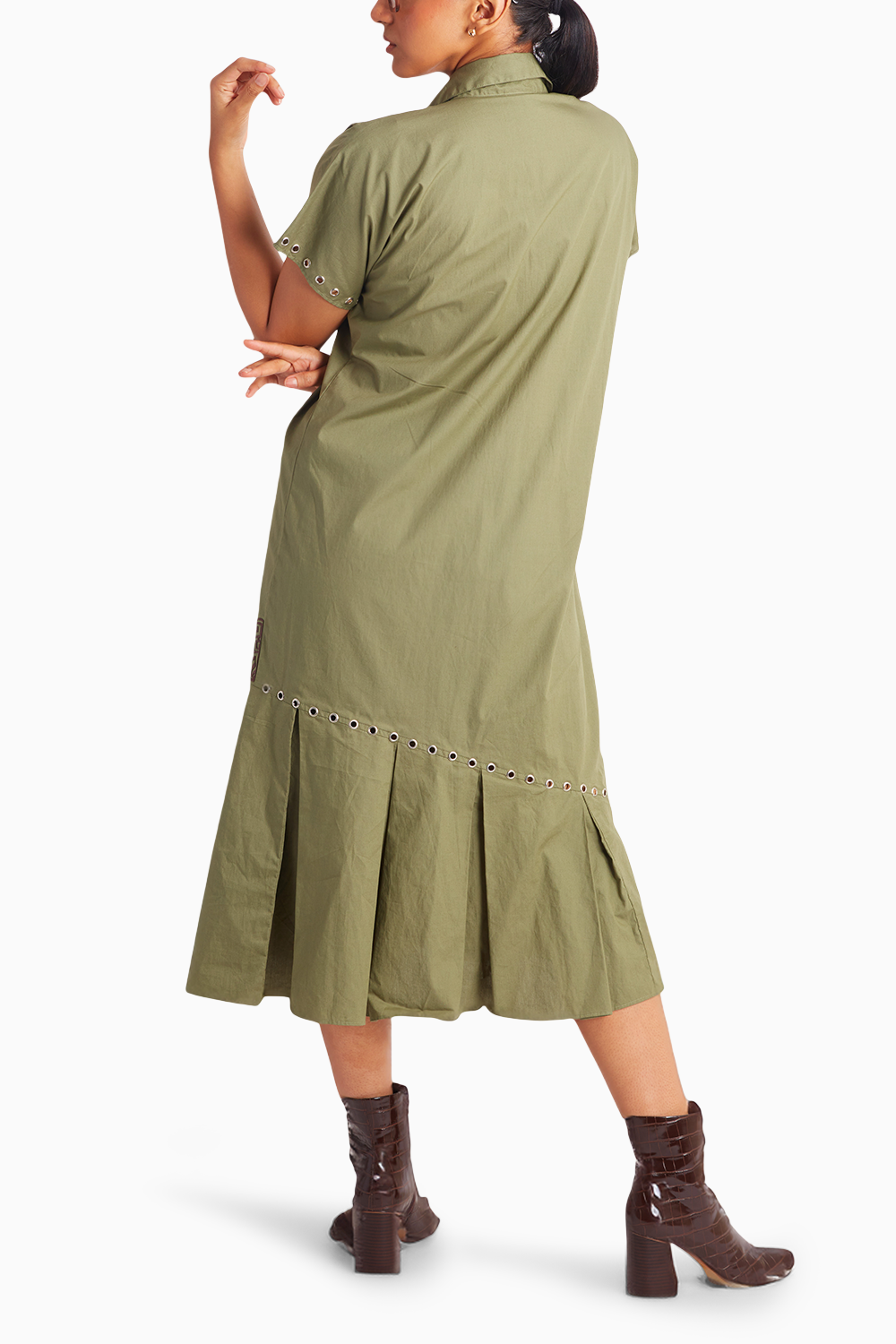 Olive Long Dress with Brown Leather Cutwork Appliqué