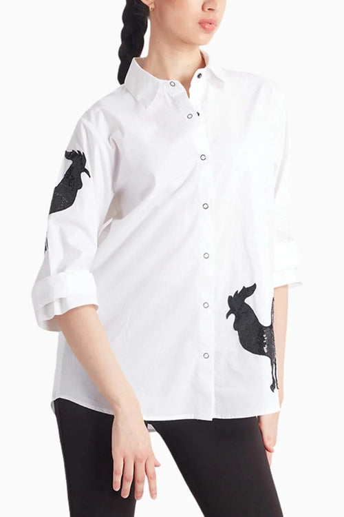 White Shirt with Black Sequin Rooster Embroidery