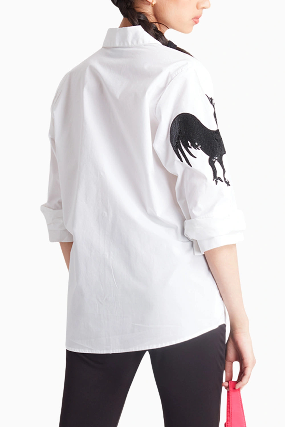 White Shirt with Black Sequin Rooster Embroidery