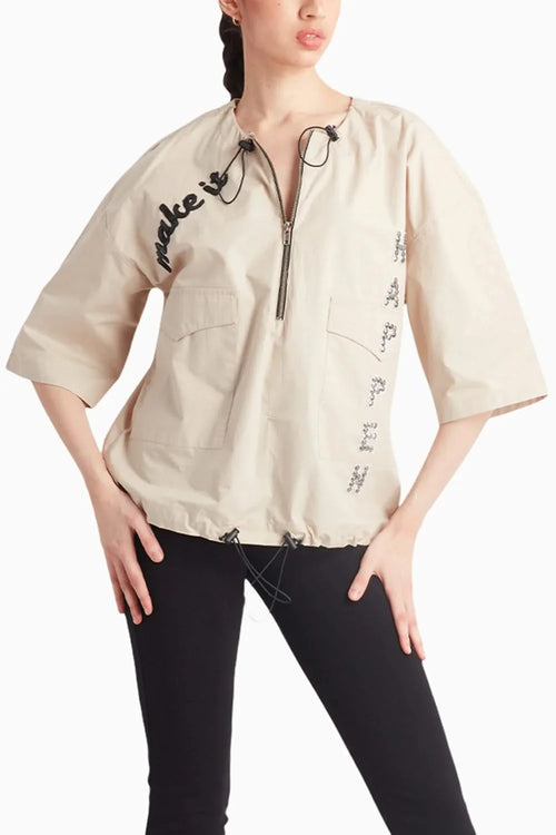 Beige Shirt with Olive Kimono Sleeves and 'Make It Happen Embroidery'