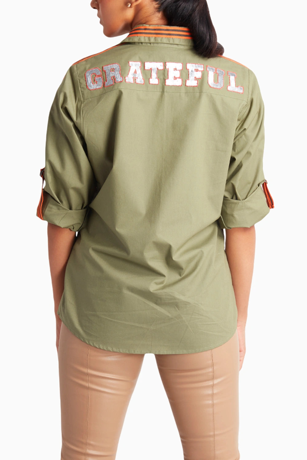 Olive Green Shirt with 'Grateful' Embroidery & Tape Details