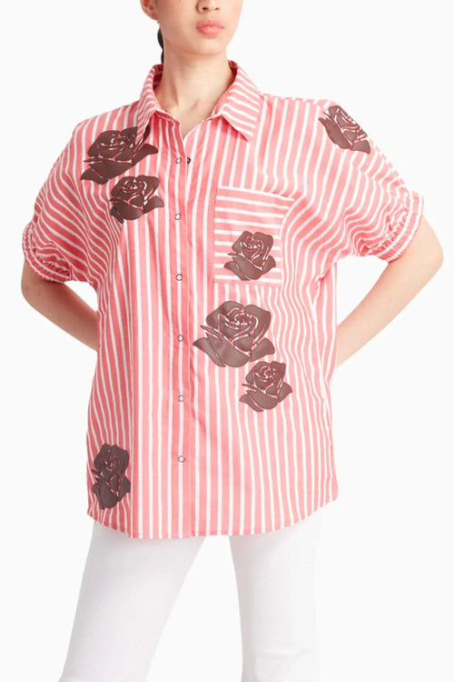 Orange Stripe Kimono Sleeve Shirt with Brown Leather Rose Applique