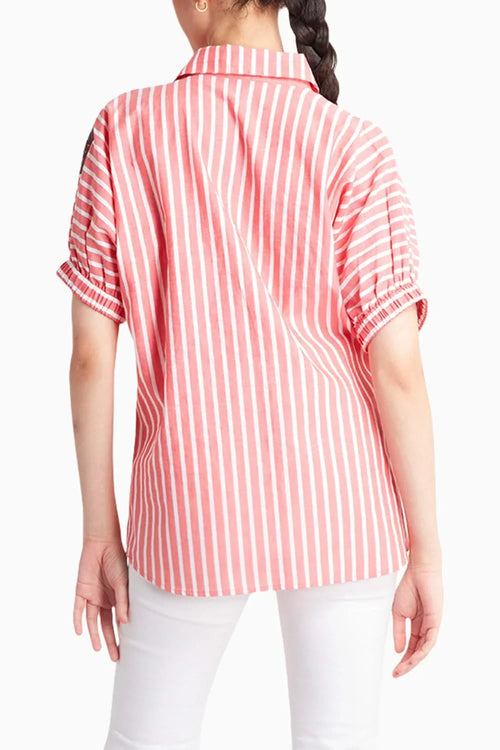 Orange Stripe Kimono Sleeve Shirt with Brown Leather Rose Applique