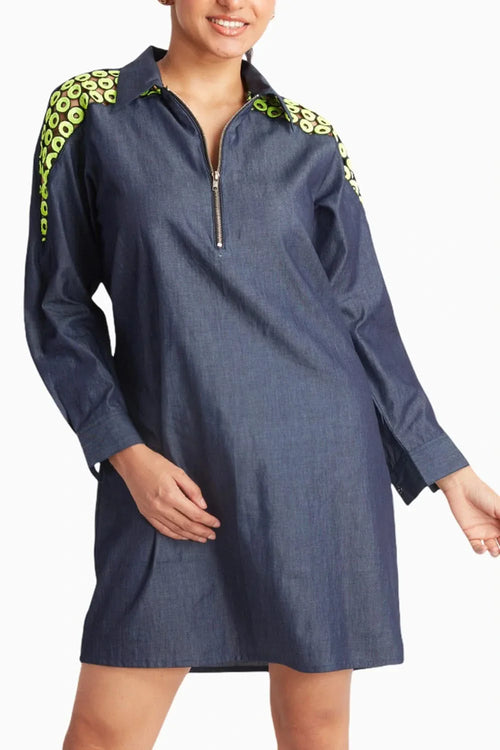 Denim Dress with Green Sequins Cutwork Embroidery