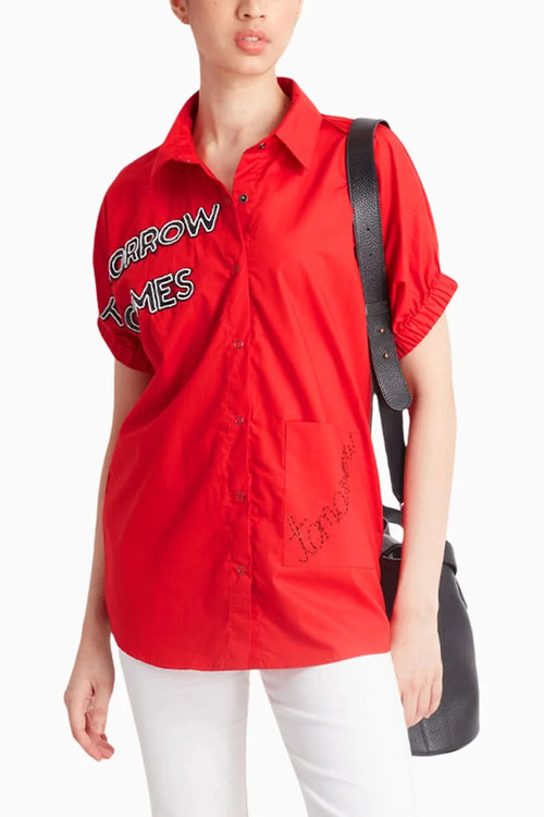 Red Shirt with Kimono Sleeve and 'Tomorrow Comes Tomorrow' Emb