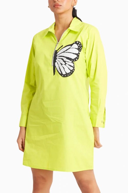 Neon Green Dress with White Sequin Butterfly