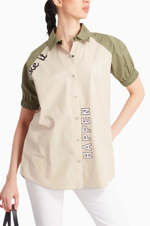 Beige Shirt with Kimono Sleeves and 'Make It Happen' Embroidery
