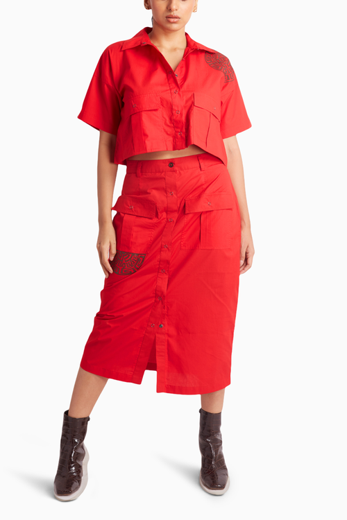 Red Crop Shirt with Grey Leather Cut Work and Midi Skirt