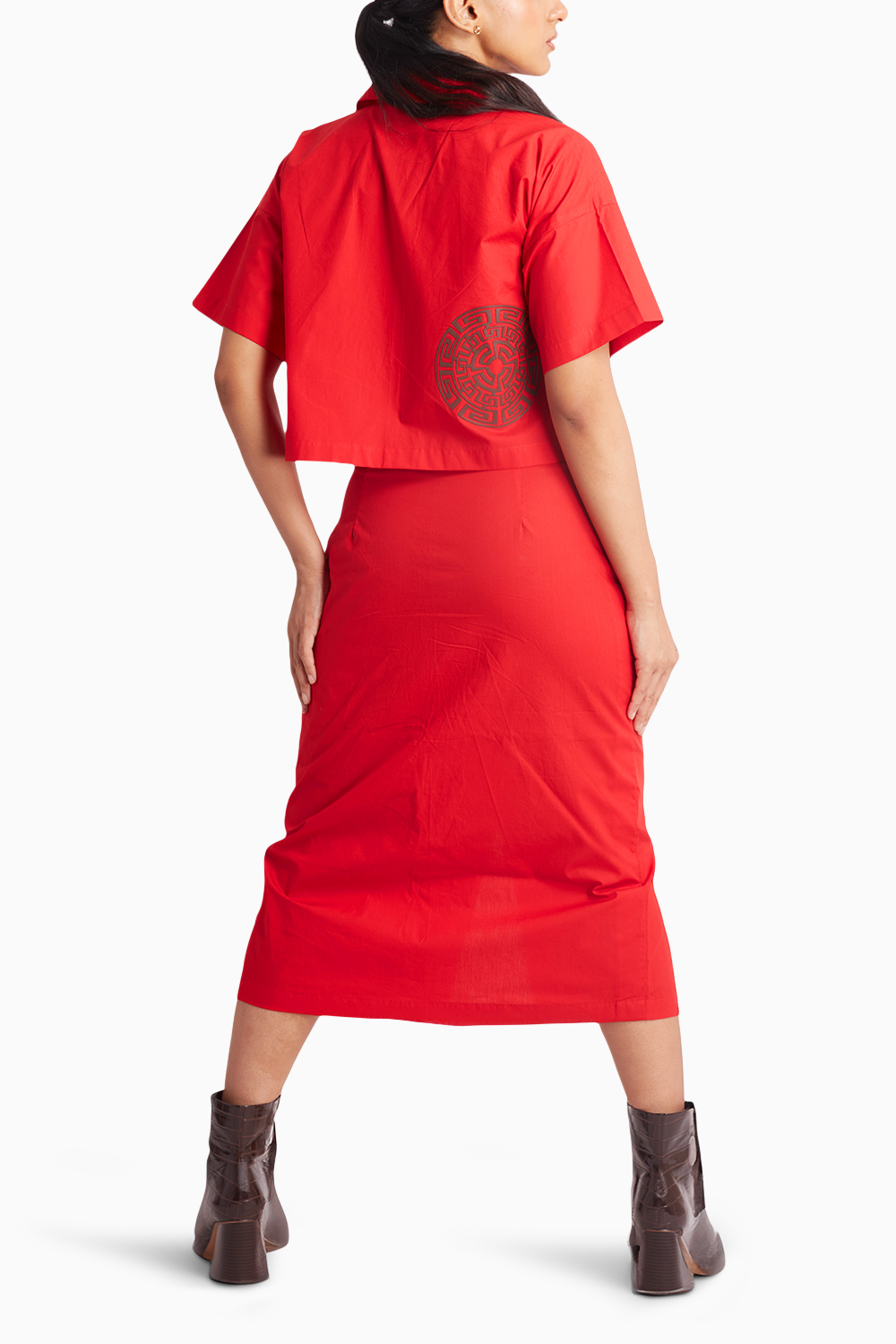 Red Crop Shirt with Grey Leather Cut Work and Midi Skirt