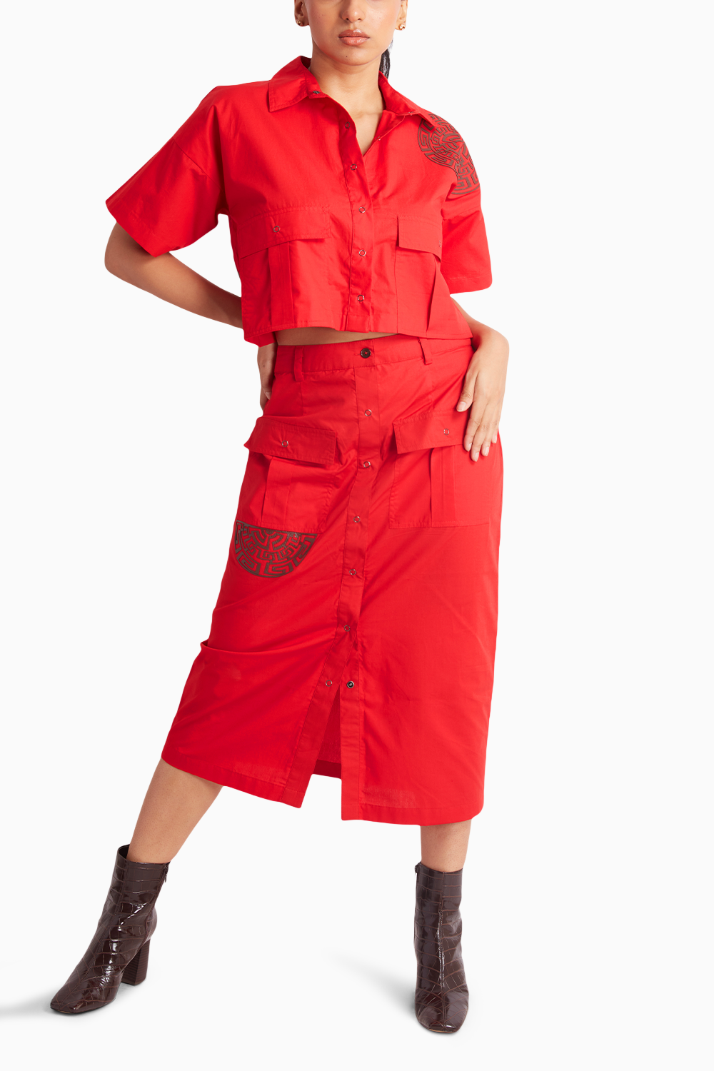 Red Crop Shirt with Grey Leather Cut Work and Midi Skirt