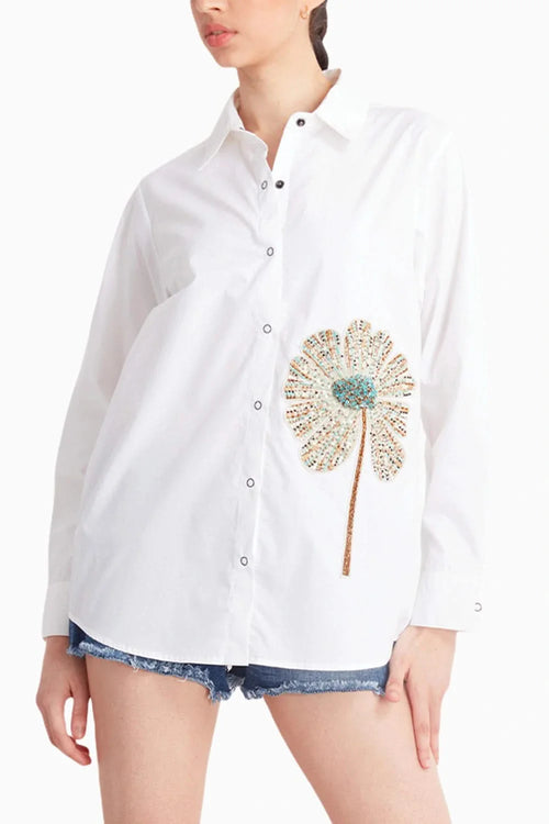 White Shirt with One Big Flower Embroidered Motif