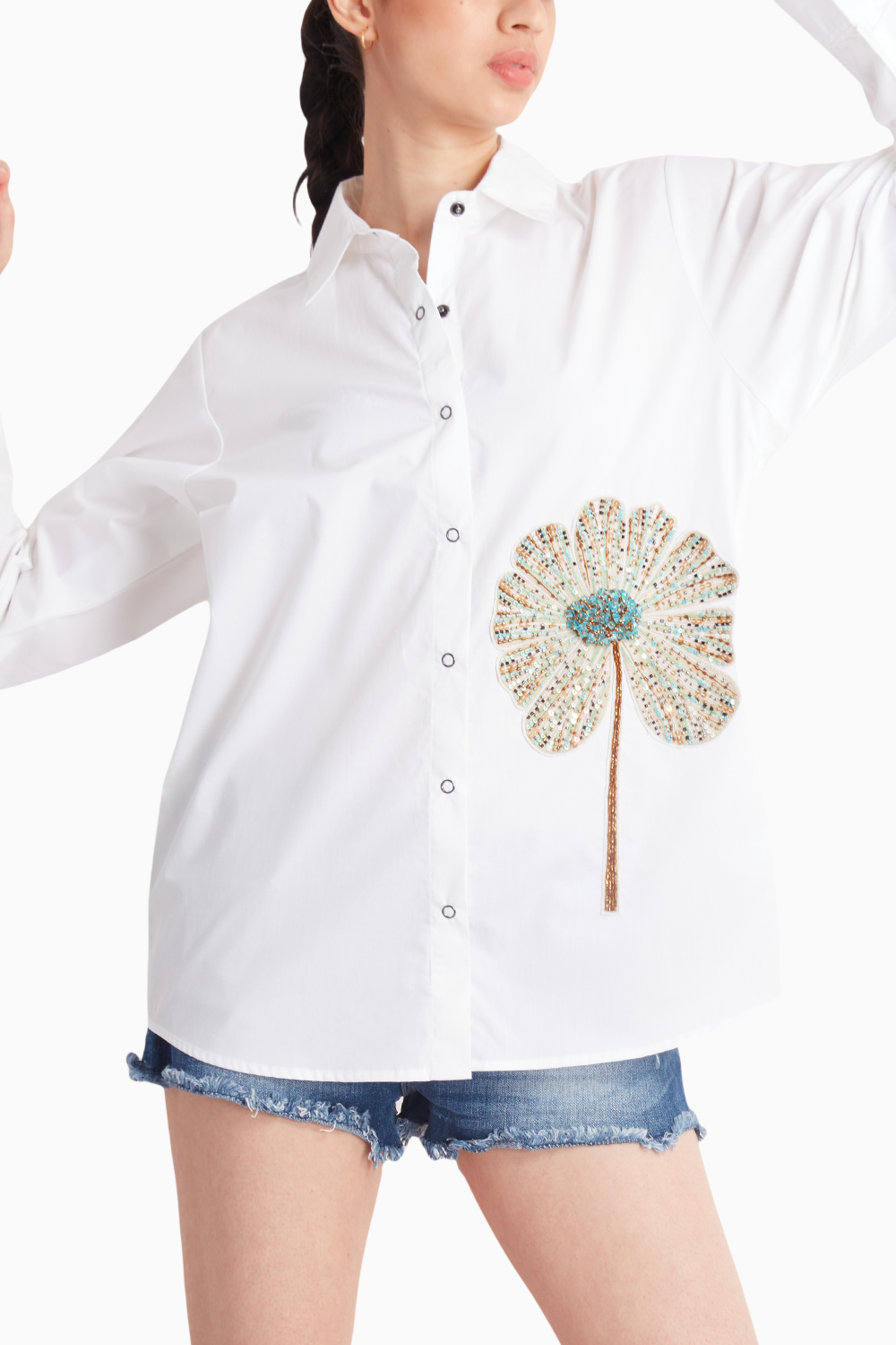 White Shirt with One Big Flower Embroidered Motif