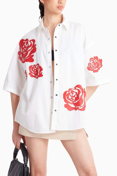 White Oversized Shirt with Red Leather Rose Appliqué