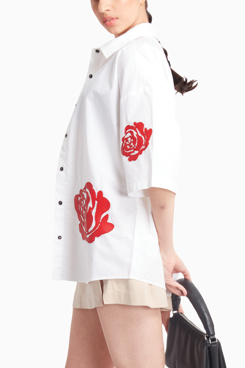 White Oversized Shirt with Red Leather Rose Appliqué