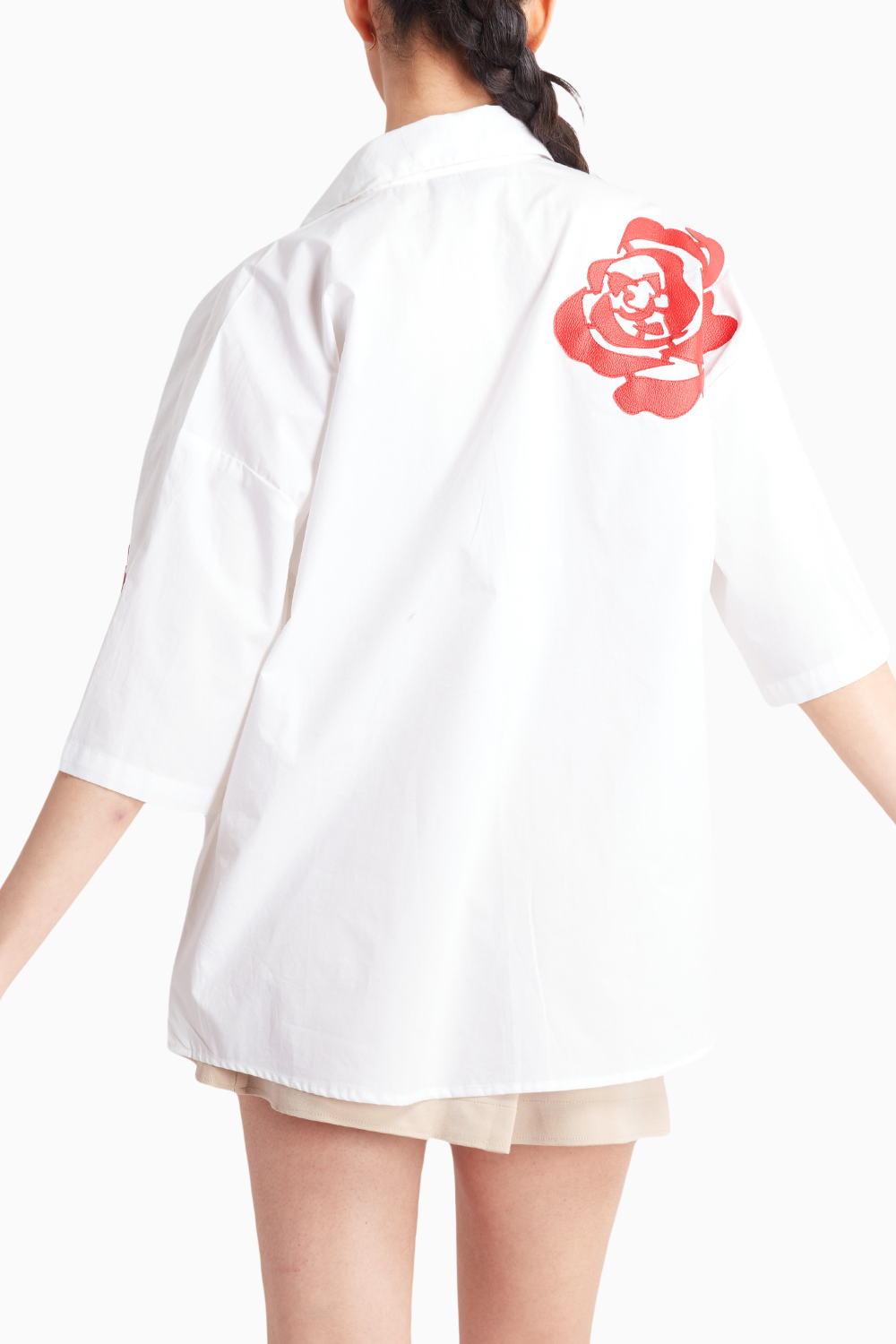White Oversized Shirt with Red Leather Rose Appliqué