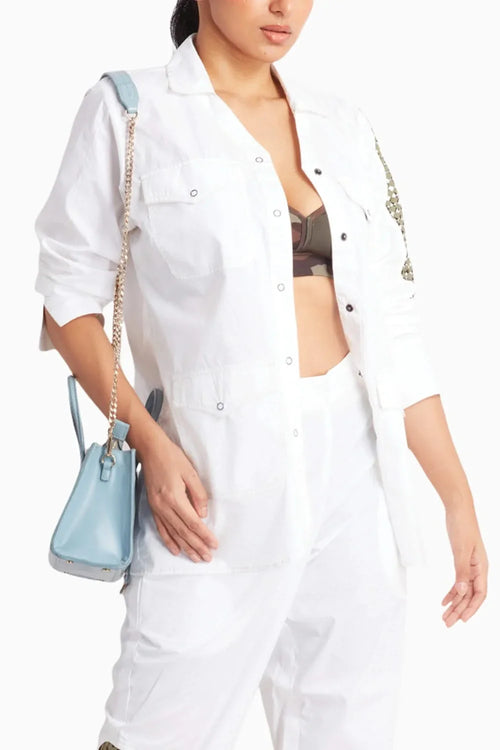 White Shirt Jacket with Mesh and Cut Work Detail