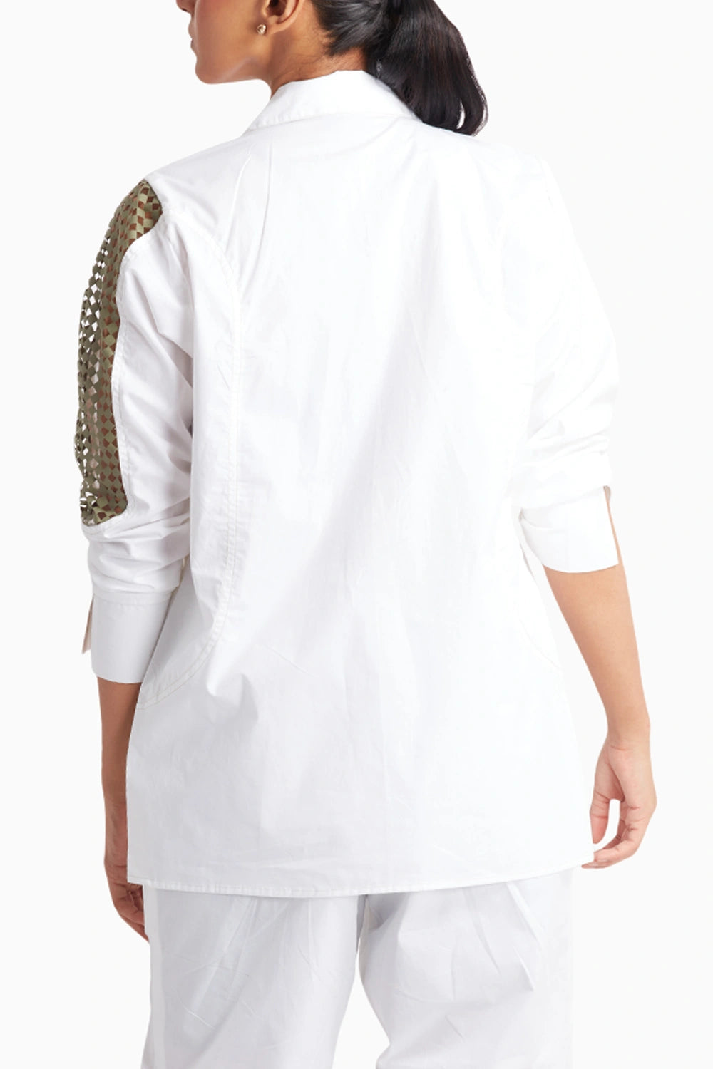 White Shirt Jacket with Mesh and Cut Work Detail