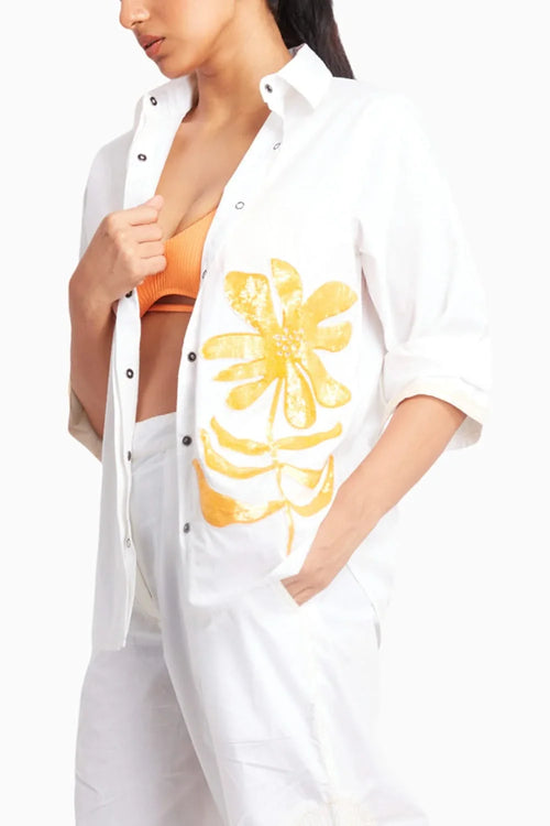 White Shirt with Yellow Sequin Flower with Wide Leg Pant