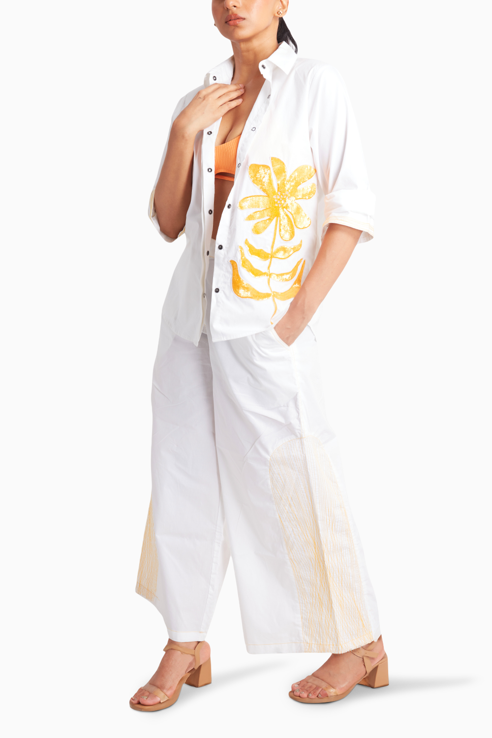 White Shirt with Yellow Sequin Flower with Wide Leg Pant