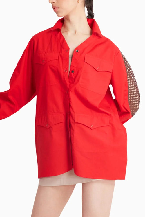 Red Shacket with Brown Leather Cutwork