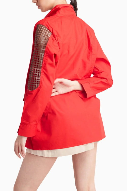 Red Shacket with Brown Leather Cutwork
