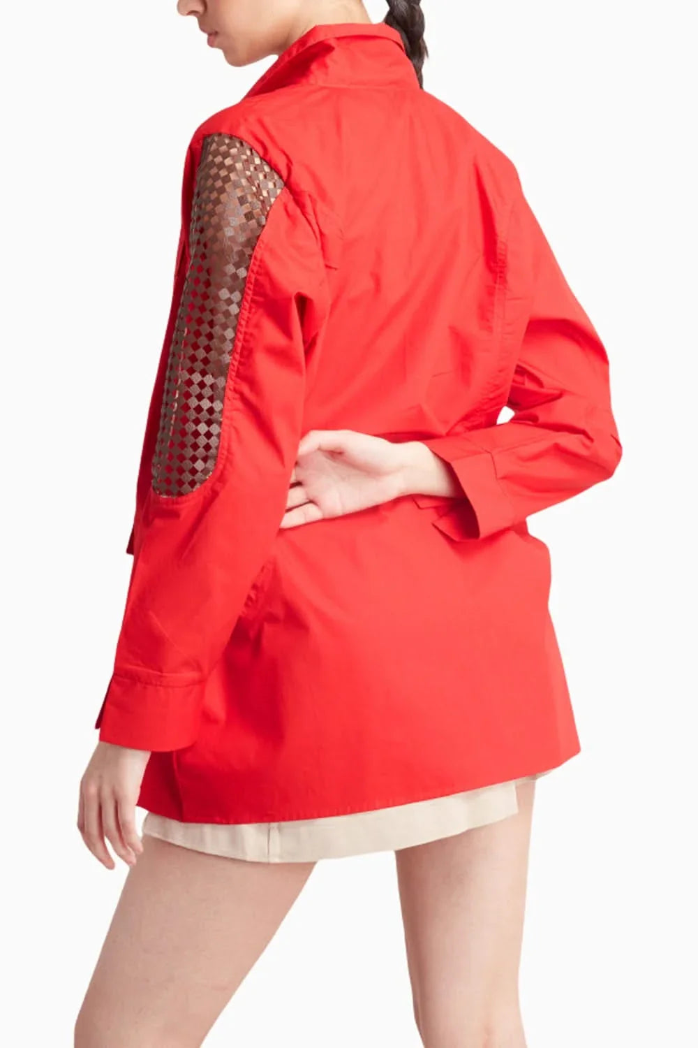 Red Shacket with Brown Leather Cutwork