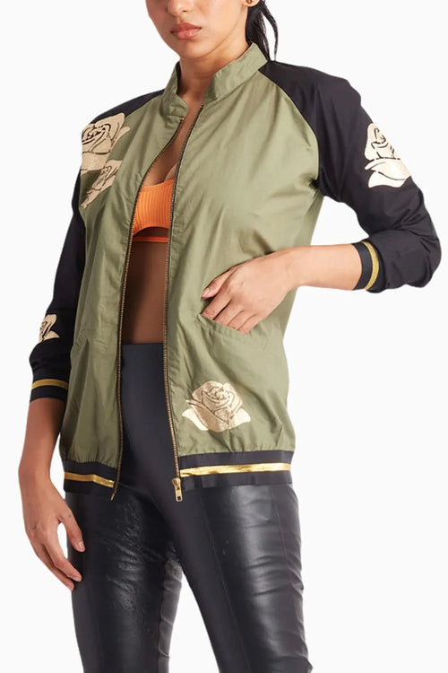 Olive Bomber Jacket with Gold Studs and Rose Appliqué
