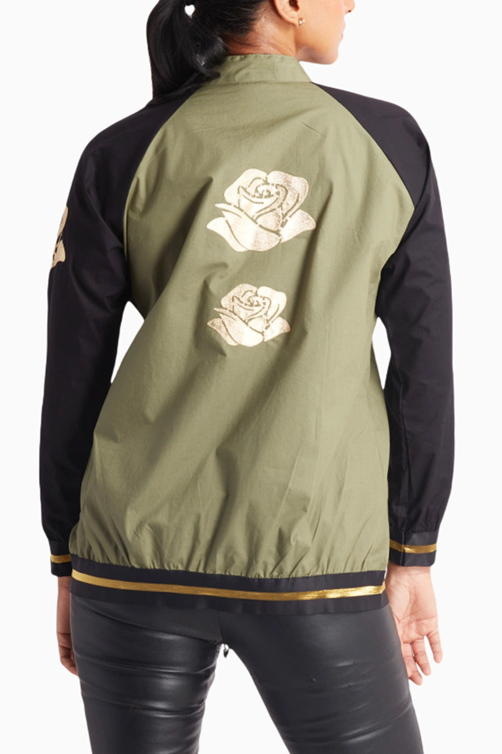 Olive Bomber Jacket with Gold Studs and Rose Appliqué