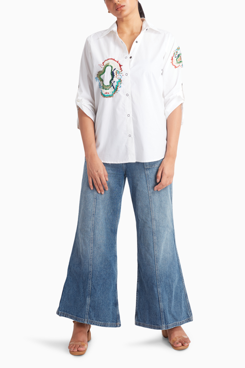 White Shirt with Colorful Abstract Embroidery
